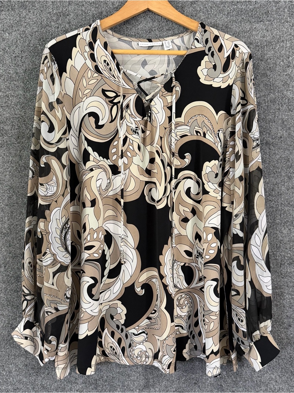 Susan Graver Womens 2X Liquid Knit Top Paisley Black Tan Long Sheer Sleeve